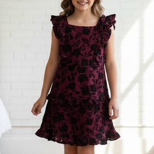 Zac Posen Kids Burgundy Black Floral Velvet Ruffle Dress Whimsical Holiday Party